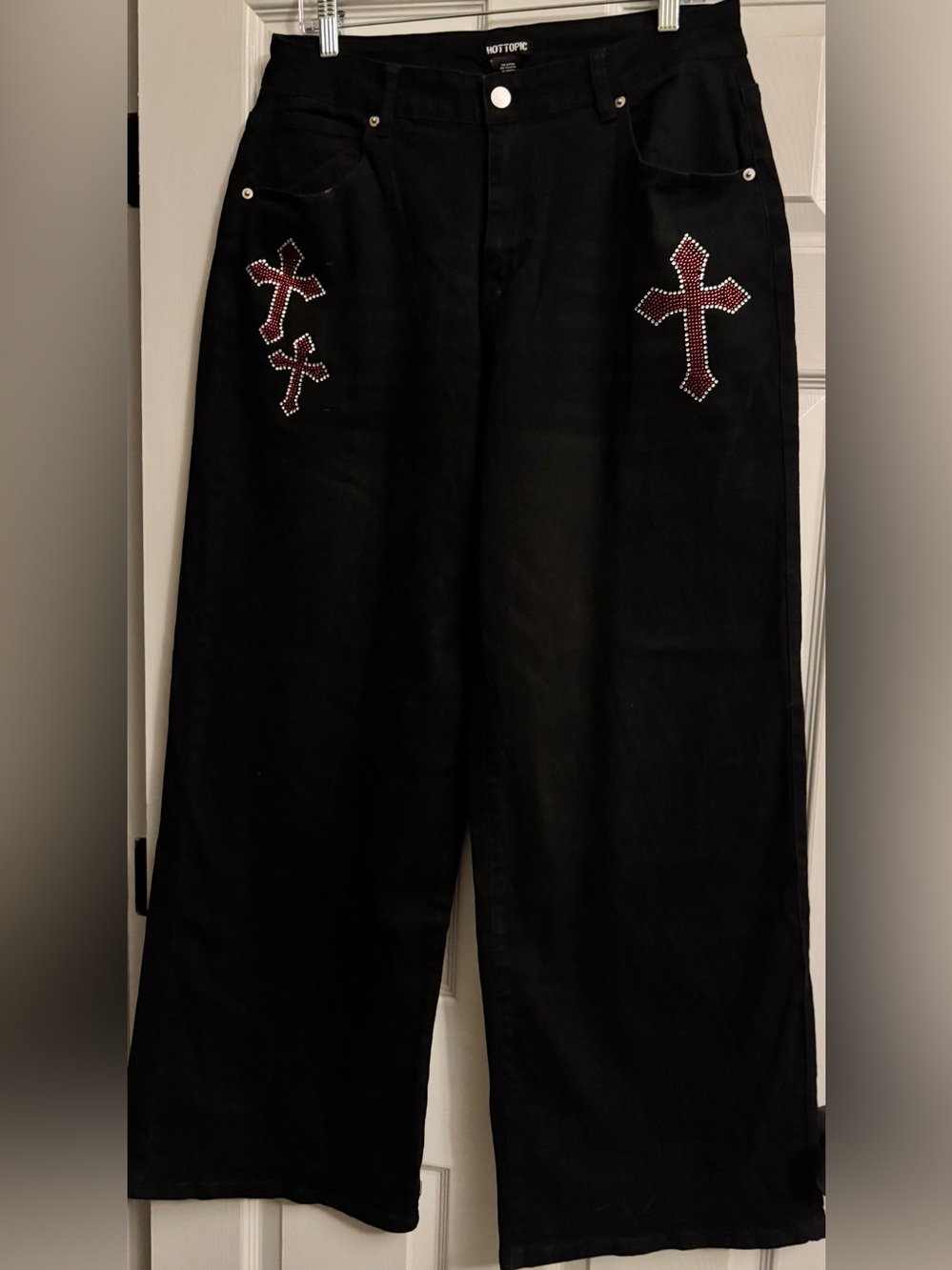 Hot Topic Black Red Bling Cross Wing Wide Leg Jeans